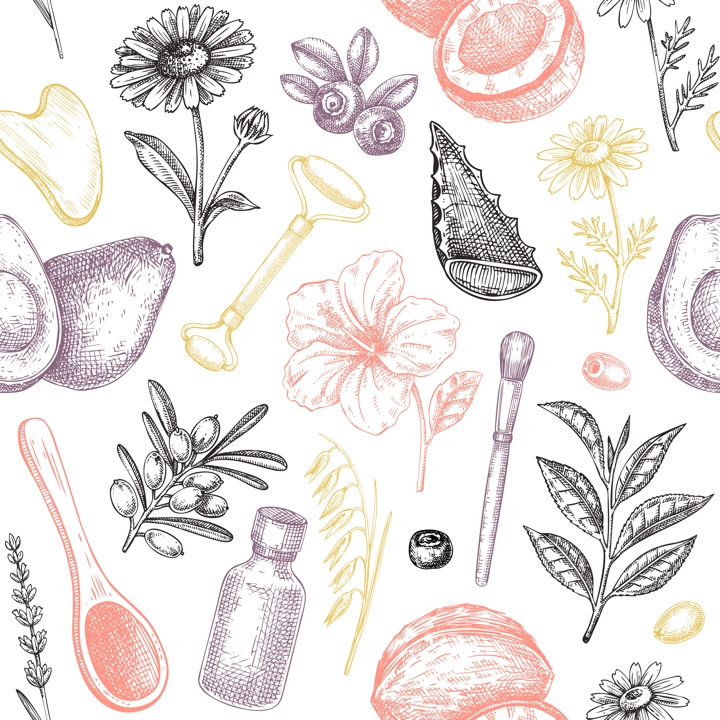 Skincare background. Organic cosmetics seamless pattern. Hand drawn vector illustration.Beauty salon vintage design. Not AI generated